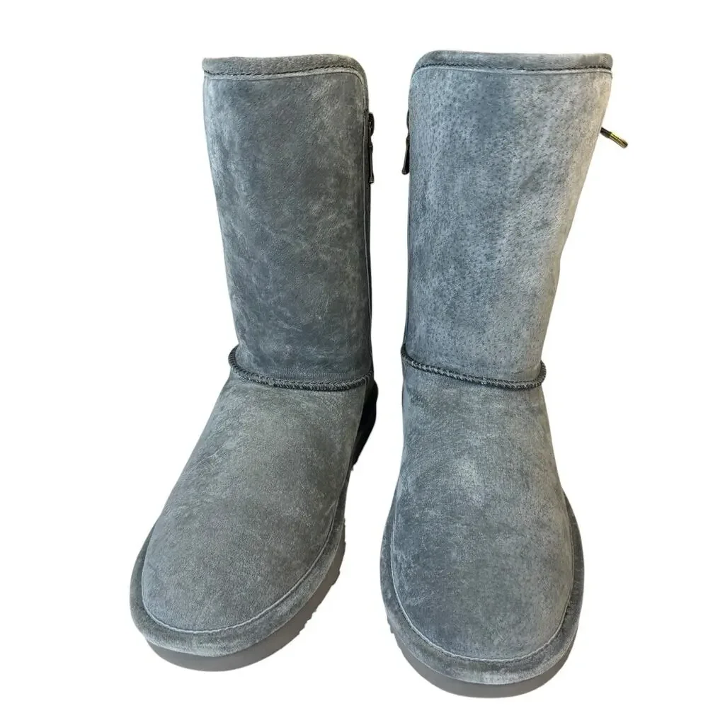 Lamo Zipper Grey Suede Water & Stain Resistant Boots Sz 8 Faux Fur Mid Calf